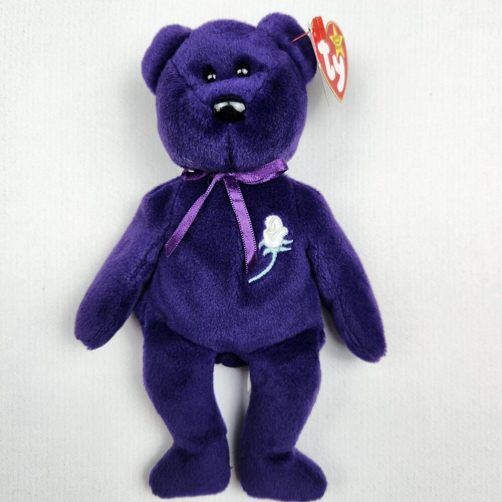 Ty Beanie Baby Princess Diana 1997 Purple Bear White Rose P.E. Pellets